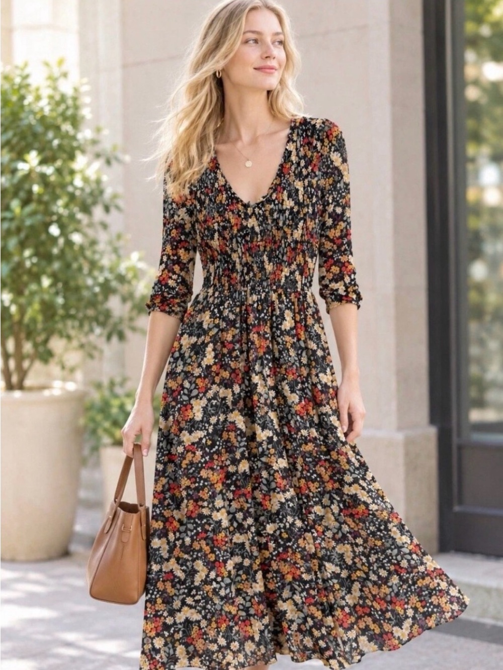 Mauve by Anthropologie Black Floral Long-Sleeve Smocked Maxi Dress